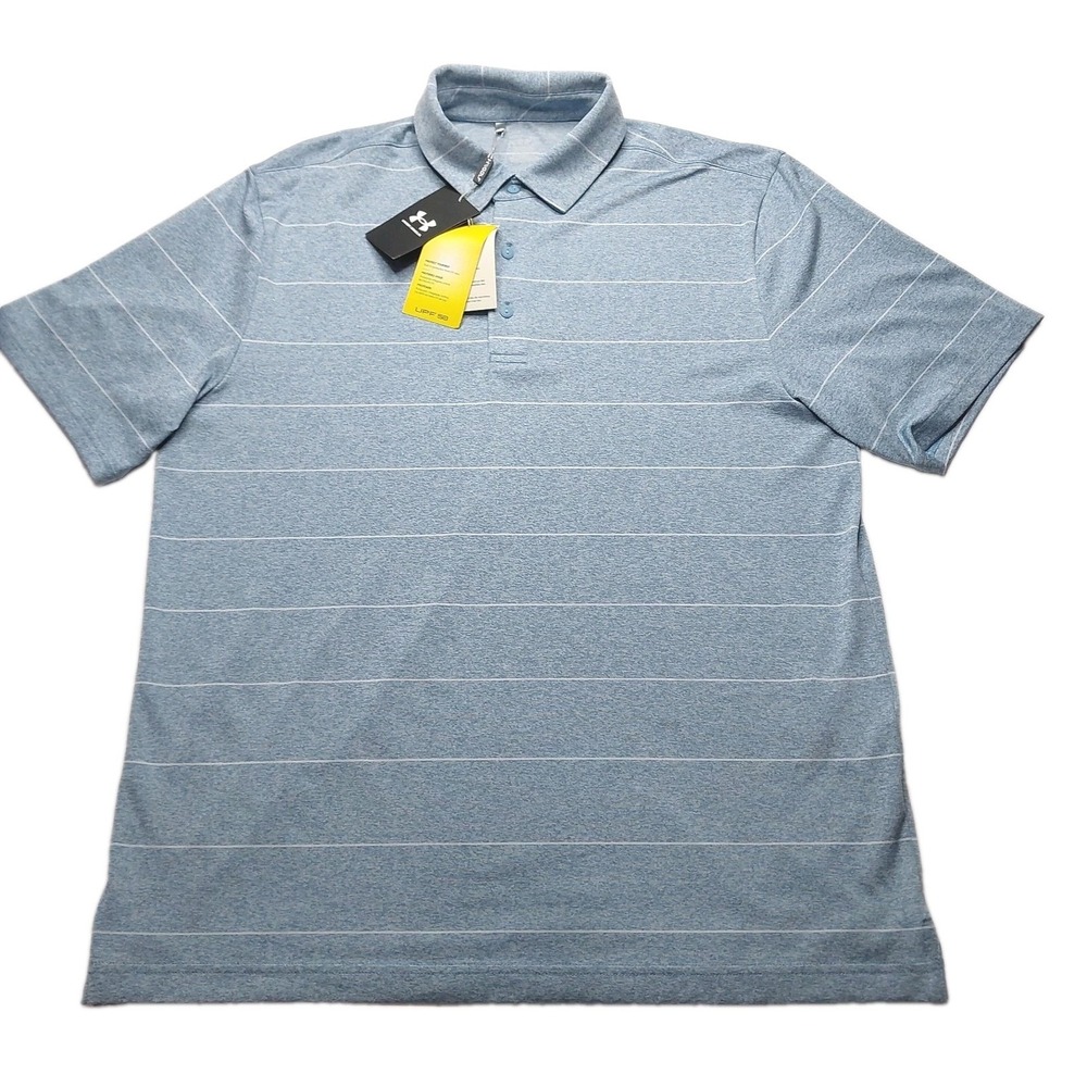 NWT Under Armour Golf Polo UPF 50 men's L Light‎ Blue Stripe